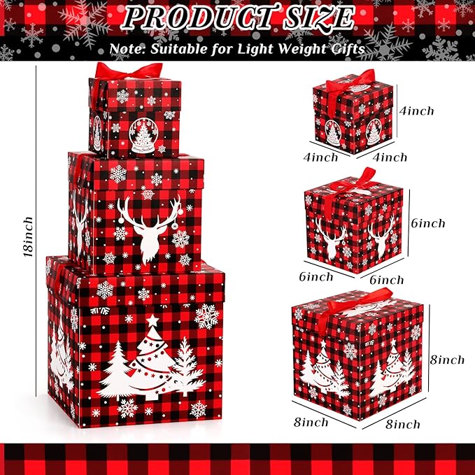 3 Pcs Christmas Nesting Gift Boxes Buffalo Plaid Xmas Stackable Boxes Black Red Decorative Xmas Nested Present Boxes with Lids and Ribbon for New Year Birthday Party Gift(Elk)