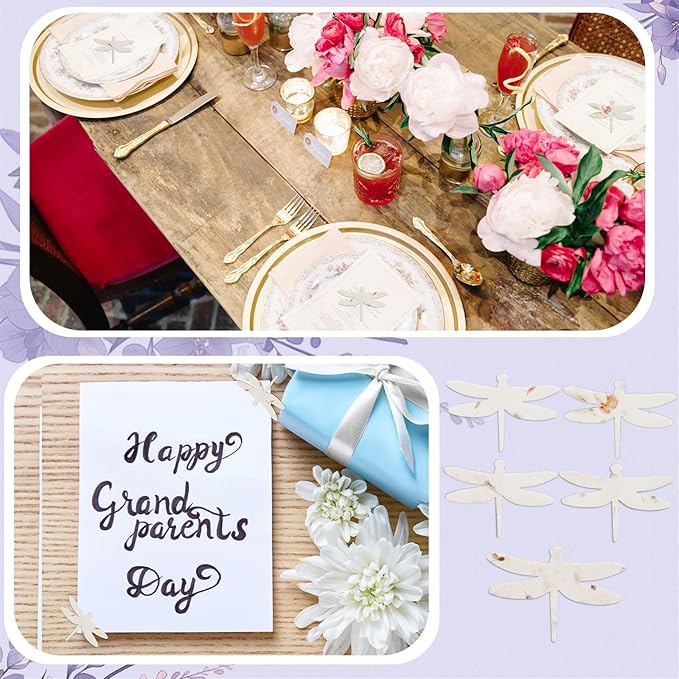 50 Pcs Handmade Seed Paper Plantable Wildflower Seed Paper Recycled Flower Petals Tags Wedding Favors for Guests Craft Gifts Cards for Envelope Birthday Party, 5 Styles (Dragonfly Shape)