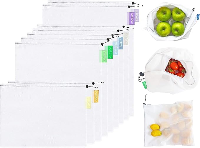 purifyou Set of 9 Reusable Produce Bags, Heavy Duty Washable Mesh Grocery Bag with Drawstring, Ideal for Farmers Market, Beach, and Refrigerator Storage (Extra Large, Large, Small)