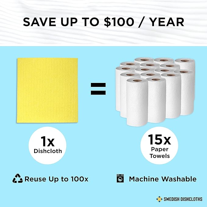 Swedish Dishcloths - 10 Pack Absorbent, Reusable, & Washable Hand Wash Cloths for Kitchen, Dishwashing - Cellulose Sponge Kitchen Towels - Eco-Friendly Cleaning Paper Towel Alternative