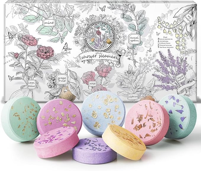 Shower Steamers – 8 Scents (Lavender, Mint, Orange, Grapefruit, Eucalyptus Mint, Camellia, Baby Powder, Rose) Aromatherapy Relaxing Spa Gifts for Women, Stocking Stuffers, Christmas Gifts