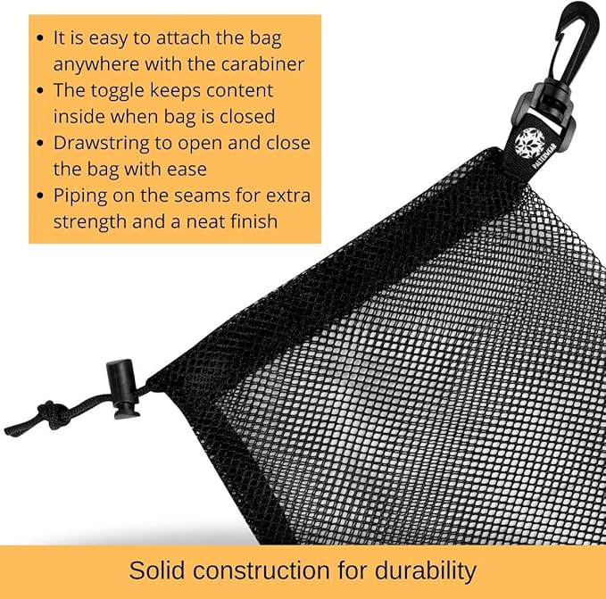 PALTERWEAR Mesh Drawstring Bag With Clip and Toggle Closure - For Watersports, Trekking, Sailing - Multi-Use Set of 4 (Black, 7 x 9 inch)