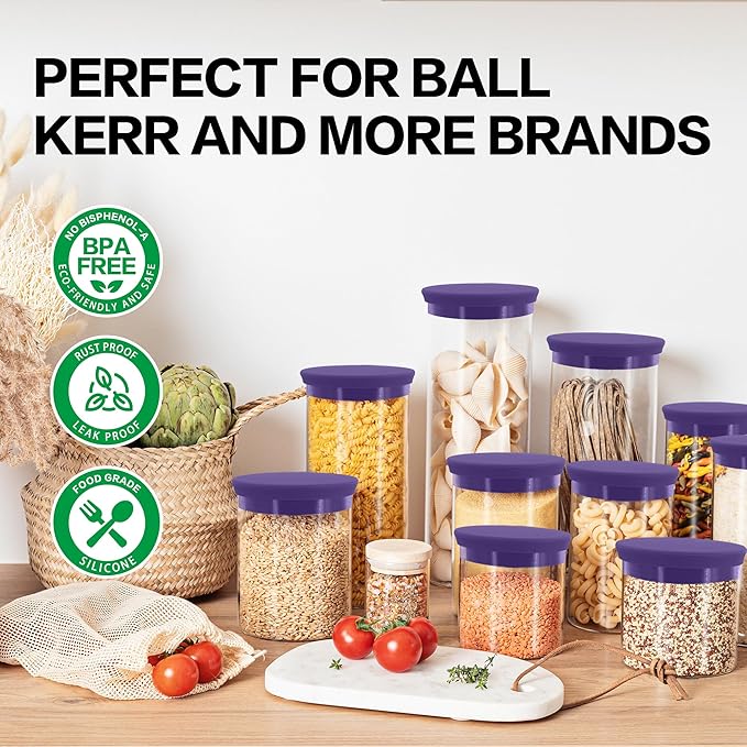 Regular Mouth Mason Jar Lids - Upgrade Canning Lids Fit for All Regular Mouth Mason Jars,Food Grade Silicone Mason Jar Caps,Dishwasher Safe,Leak Proof Reusable Lids,3 Pack (Violet-3 Pack)