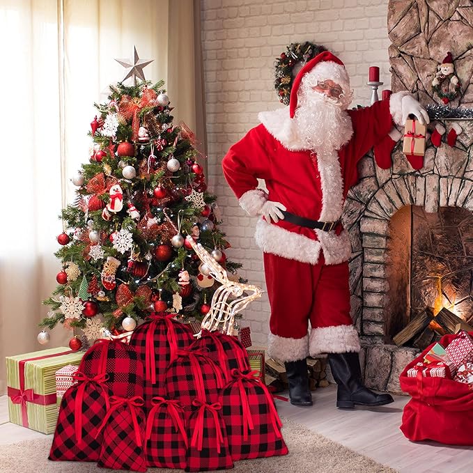 Aneco 15 Packs Christmas Buffalo Plaid Gift Bags with Drawstring Xmas Stocking Bags with 24 Pieces Kraft Tags for Gift Wrapping, Daily use, Assorted sizes