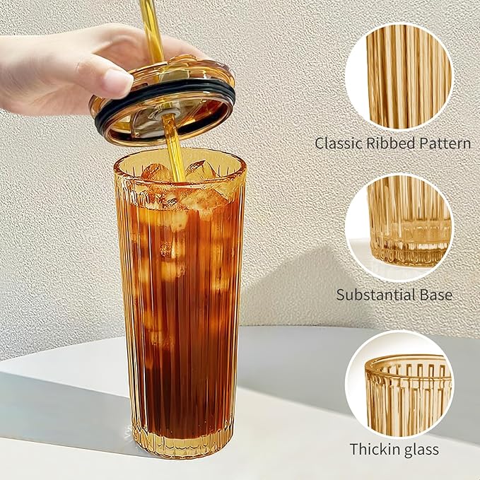 Puraville 2 Pack 18oz Glass Cups with Lids and Straws, Vintage Ribbed Striped Glacier Pattern Thickened Glassware for Whiskey Cocktail Beer, Mason Jar Drinking Glasses Tumbler Iced Coffee Cup, Amber