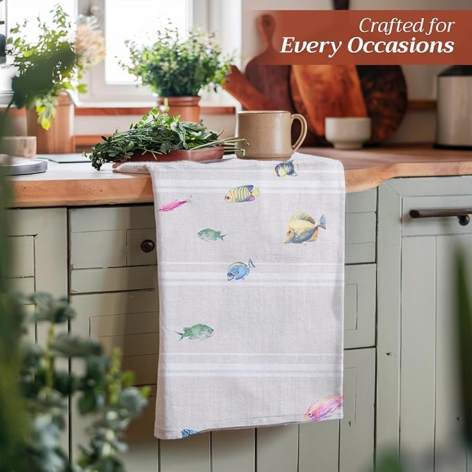 Maison d' Hermine Kitchen Towels Set of 3 100% Cotton 27.50" x 20" Reusable Cloth Tea Dish Towels Absorbent with Hanging Loop for Kitchen, Home, Dining, Cocktail Parties Spring/Summer (Poisson)