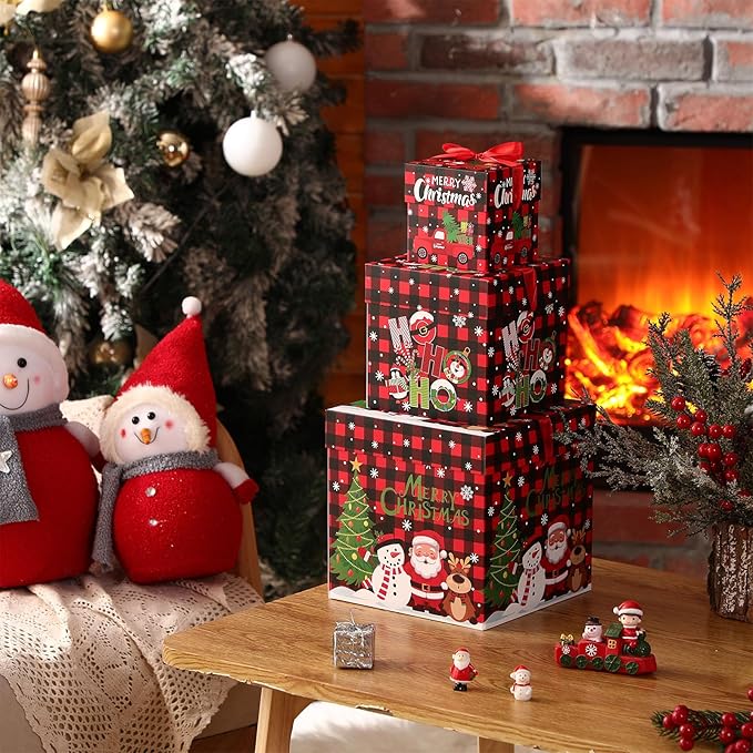 3 Pcs Christmas Nesting Gift Boxes Buffalo Plaid Xmas Stackable Boxes Black Red Decorative Xmas Nested Present Boxes with Lids and Ribbon for New Year Birthday Party Gift(Santa)