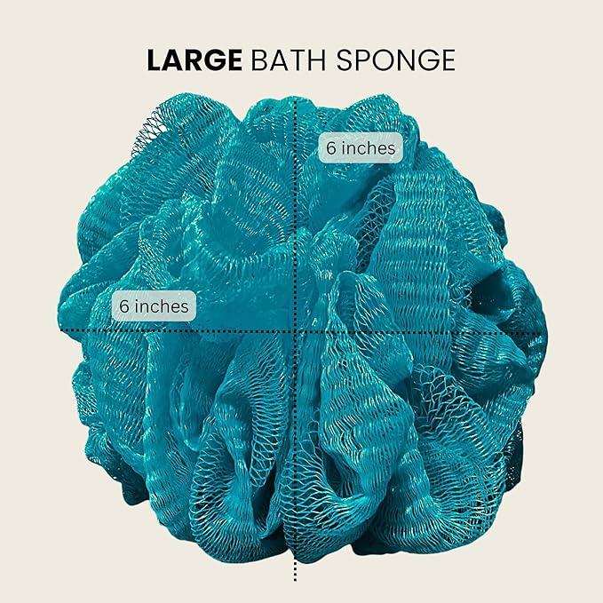 Large Bath Sponge Pack of 3 – Gentle Exfoliation Loofahs with Suction Cup for Easy Drying, Soft 70G Mesh Poufs for All Skin Types, Lather for Daily Use (Tropical Green)