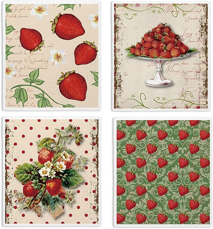 Swedish Dishcloths for Kitchen, Papaya Reusable Paper Towels Washable, Vintage Strawberries Swedish DishCloths for Friut, 4 Pack Dish Towels for Kitchen