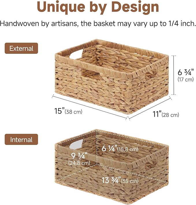StorageWorks Large Rectangular Wicker Basket, Water Hyacinth Storage Basket with Built-in Handles, 1 Pack