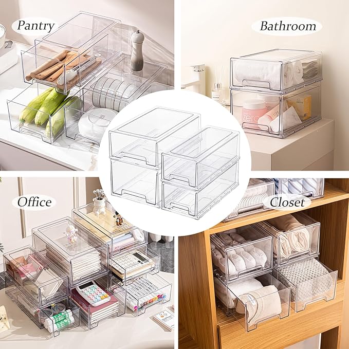 PeJeyiee 2 Pack Stackable Pull-Out Storage Drawers，Plastic Clear Organizer Bins with Handles，Easily Clean for Craft, and Toy Organization，Kitchen Undersink，Cabinet，Fridge，Closet，Pantry，Office，Bathroom