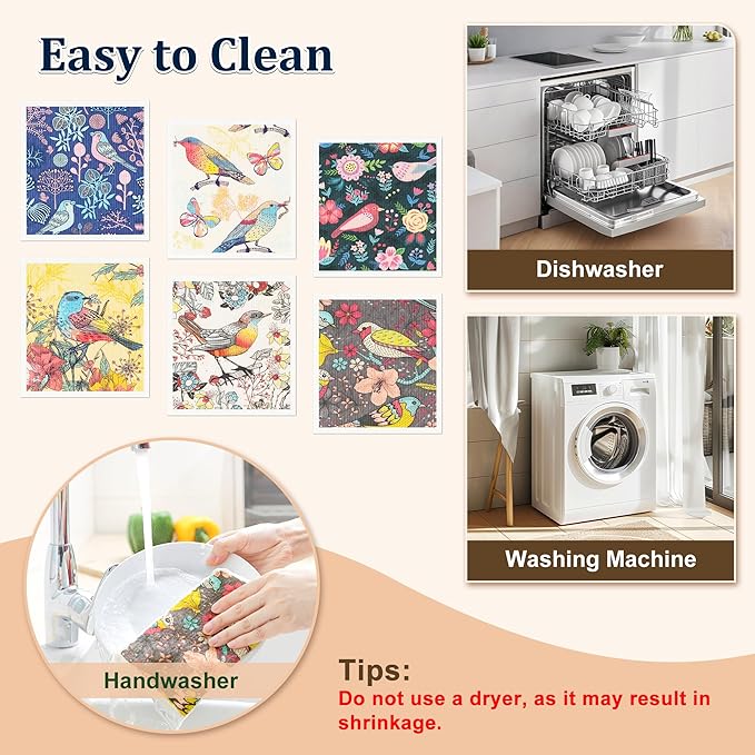 Swedish Dishcloths for Kitchen, 6 Pack Reusable Paper Towels Washable, Super Absorbent Kitchen Towels, Odorless, Biodegradable and Quick-Drying Dish Cloths, Flower and Bird Pattern