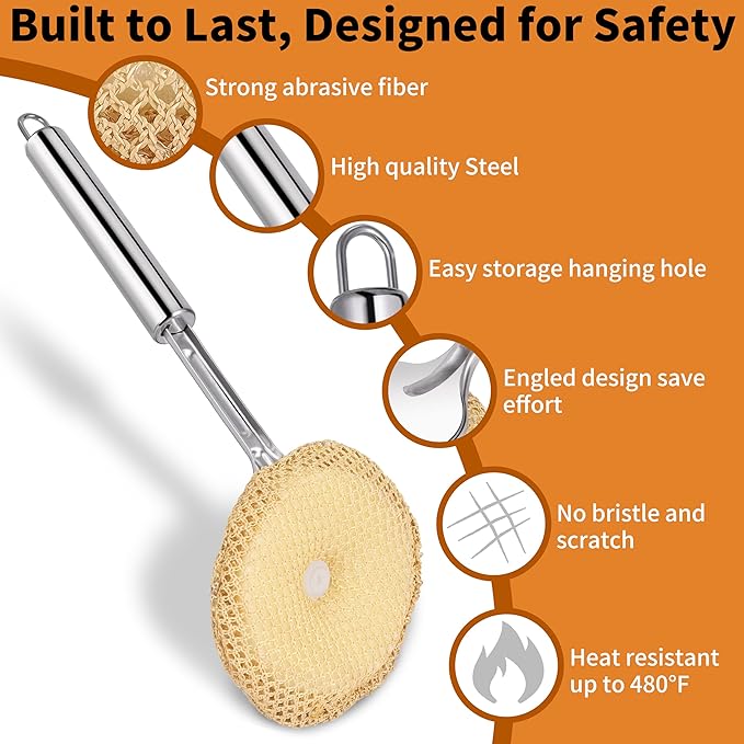 Kitchen Scrub Brush with Handle, Non-Scratch Cleaning Brush for Wok, Cast Iron, Pans, Oven Racks, Air Fryer