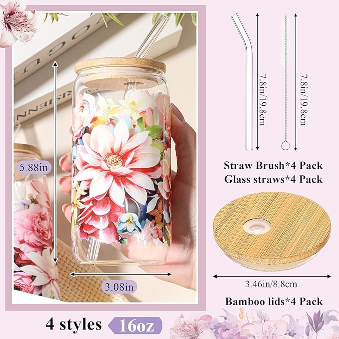 Mumufy 4 Pcs Gift for Women Bloom Floral Elegant Glass Cup Tumbler Blooming Garden 16 oz Iced Coffee Glass with Bamboo Lid & Straw, Mothers Day Birthday Gift for Mom Sister Bridesmaid Baby Shower
