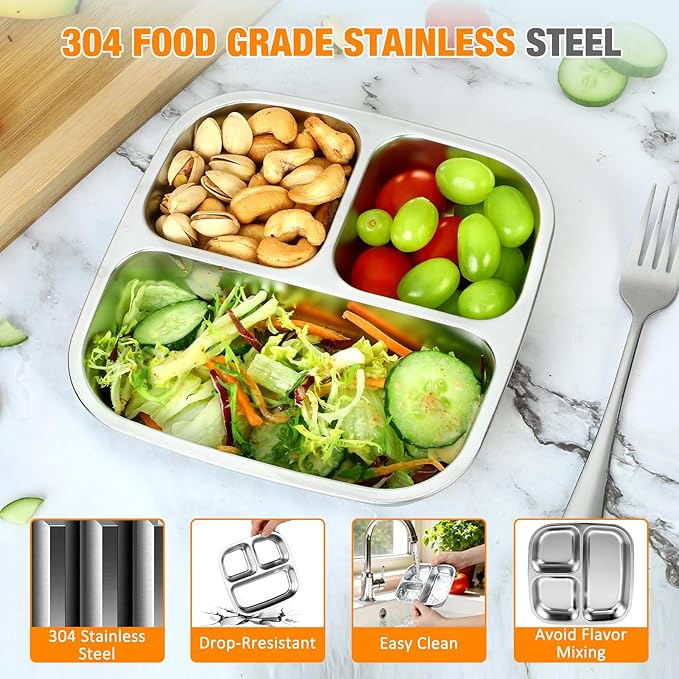 RAOOKIF Stainless Steel Snack Containers With Lids, 3 Compartment Leak-proof Food Storage Containers, 20 oz Reusable Grab and Go Snack Box for School, Home, Office, and Camping, Dishwasher-Safe