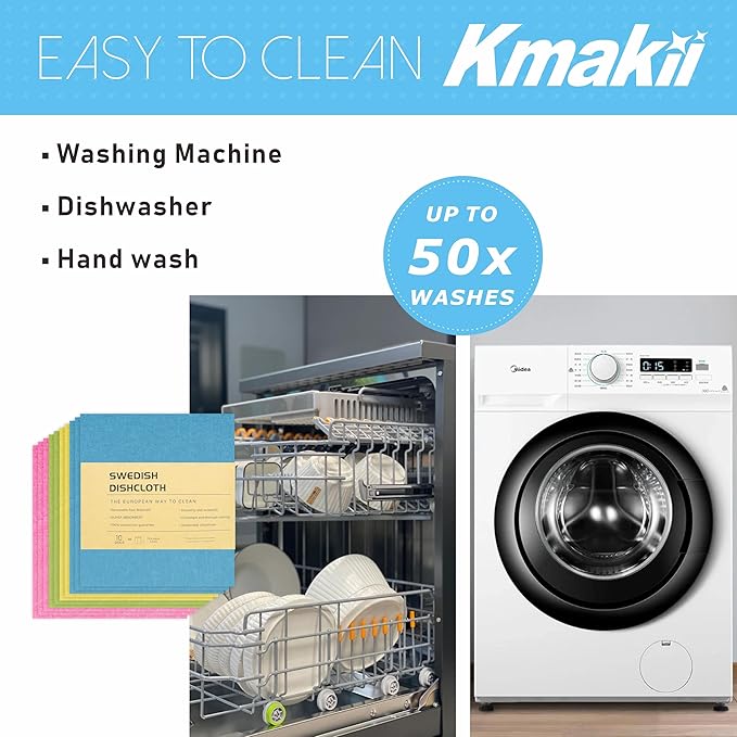 KMAKII Reusable Swedish Dishcloths - Absorbent, Long-Lasting Sponge Cloths for Kitchen and Home Cleaning (Red, Blue, Green, Yellow), Pack of 10