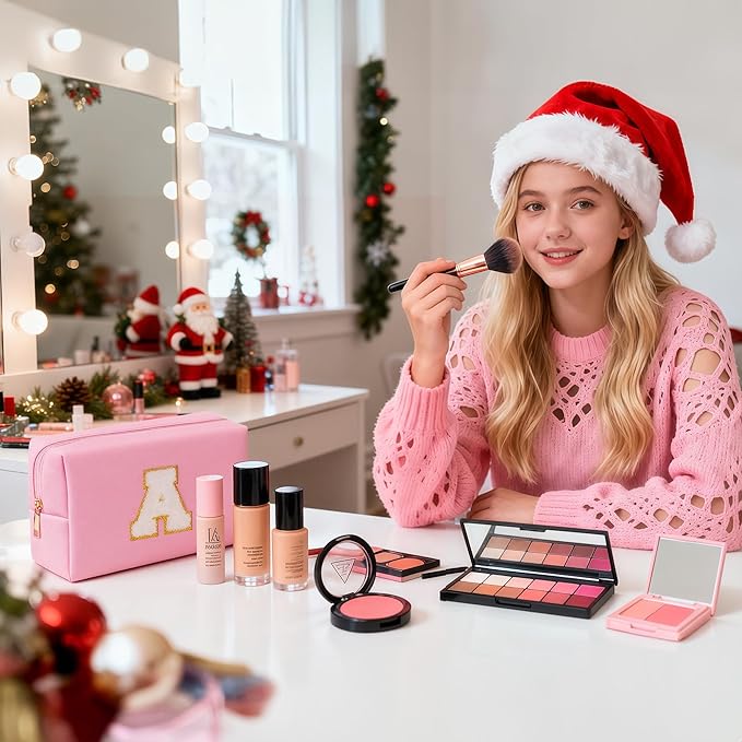TOPEAST Gifts for Friends Female Mom, Cute Makeup Bag Small Pink Cosmetic Bag Travel Toiletry Bag, Personalized Birthday Gift for Women Girl, Preppy Travel Stuff for Girls (Pink C)