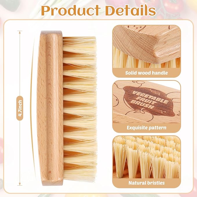Vegetable and Fruit Cleaning Brush Scrubber Beechwood Handle Fruits Veggie Wash Brushes Potato Carrot Cucumber Mushrooms Washing Cleaner(Beige, 1)