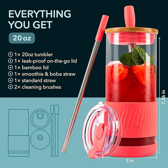 Pandaloo® Glass Cups With Lids and Straws -20 Fl Oz- Perfect Size Iced Coffee Cup - Smoothie Cup With Bamboo Lid and On the go Lid - Glass Tumbler With Straw (1 Count (Pack of 1), Coral)