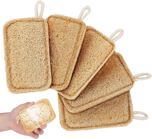 Amosfun 5pcs Natural Loofah Dish Washing Sponge Scrubber Pad Reusable Dishes Pots Cups Cleaning Scouring Pad with Hanging Rope