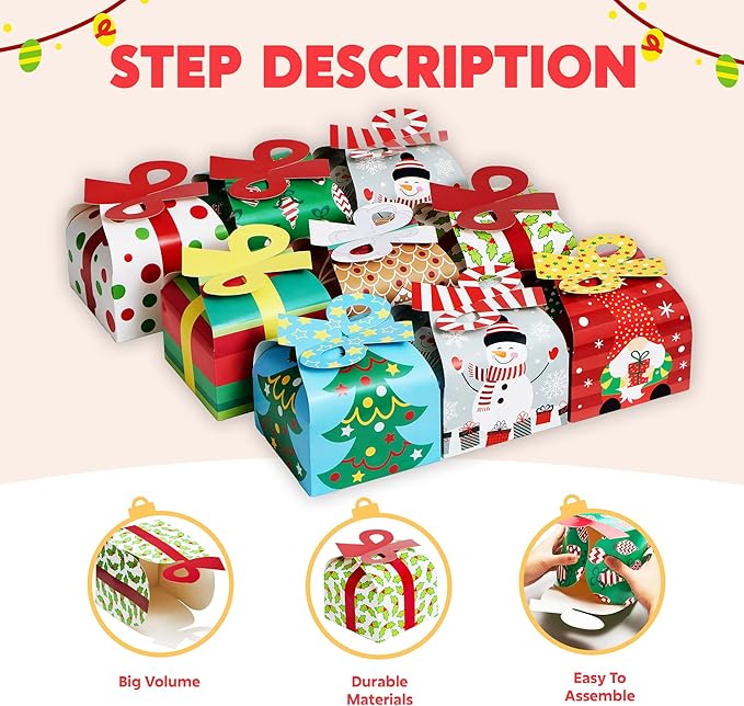 JOYIN 24 PCS 3D Christmas Goody Gift Boxes with Bow for Holiday Xmas Goodie Paper Boxes, School Classroom Party Favor Supply, 6” x 6” x 5.5” 8 Designs Candy Treat Cardboard Cookie Box for Gift Giving