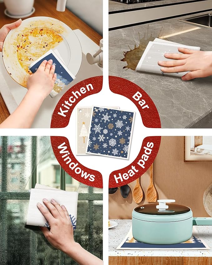 Christmas Swedish Dishcloths for Kitchen - 5 Pack Reusable Dish Cloths for Washing Dishes Absorbent Cute Winter Theme Kitchen Towels Cleaning Sponge, Blue Xmas Theme