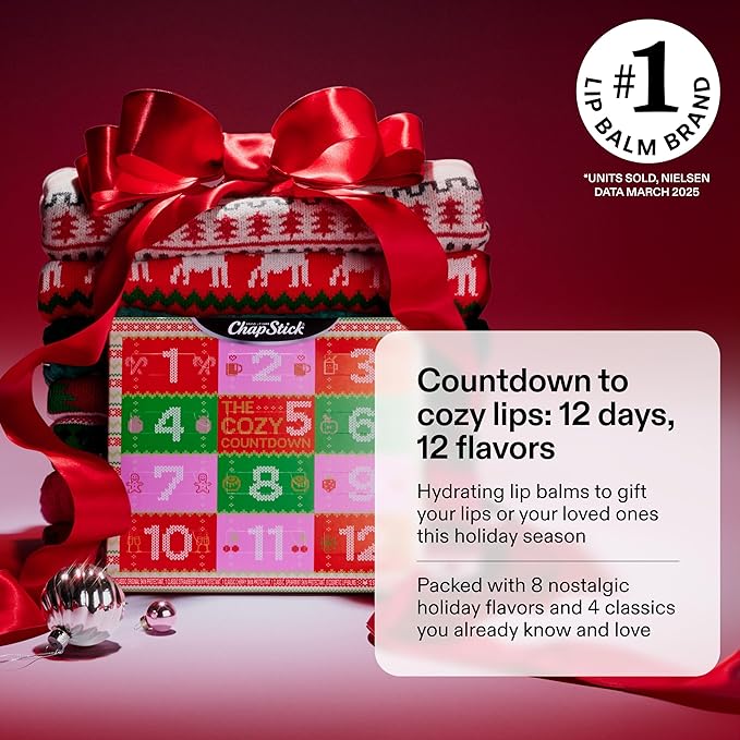 ChapStick Advent Calendar 2025 – Cozy Countdown to Christmas, Variety 12-Pack Lip Balm Gift Set, Holiday Gifts for Women, Men, Teens, Coworkers, Grandpa & Grandma Gifts, 0.15 Oz Ea