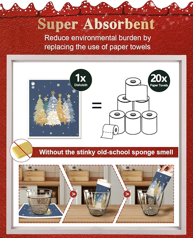 Christmas Swedish Dishcloths for Kitchen - 5 Pack Reusable Dish Cloths for Washing Dishes Absorbent Cute Winter Theme Kitchen Towels Cleaning Sponge, Blue Xmas Theme