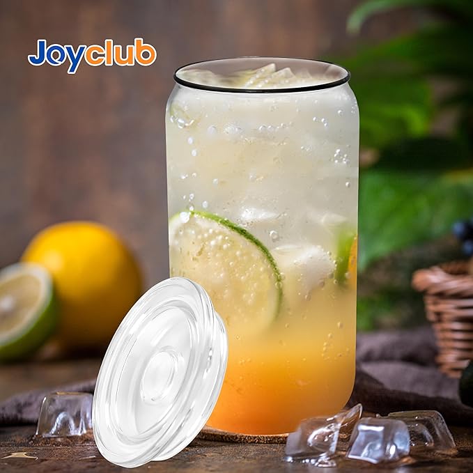 Joyclub 4 Pack Acrylic Lids for 16 oz Glass Cups with Bamboo Lids and Straws Reusable Iced Coffee Cup Beer Can Drinking Glasses for Smoothie Whiskey Boba Soda Tea Gift (Clear)