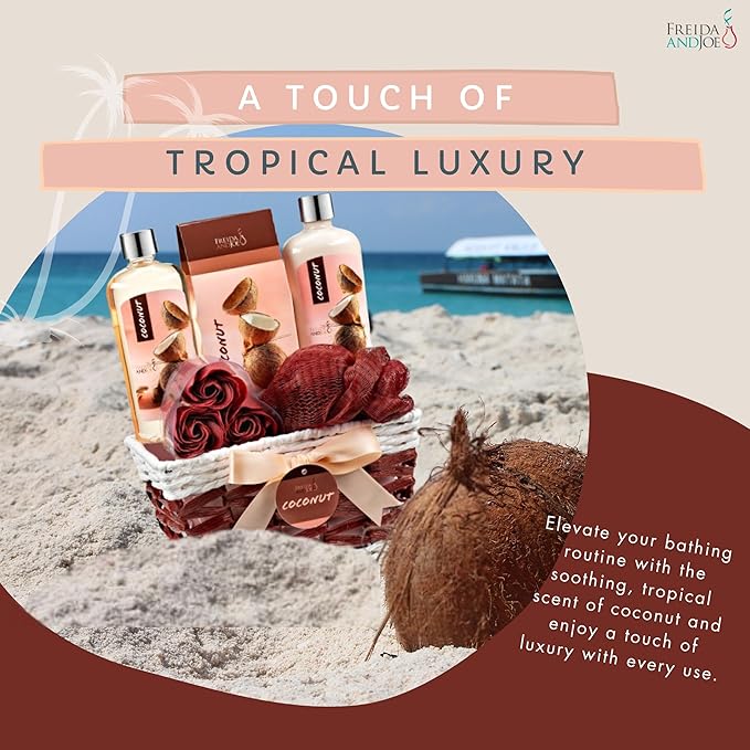 Coconut Spa Gift Basket, 6-Piece Bath & Body Set with Shower Gel, Body Lotion, Bath Salts, Soap Flowers, Bath Sponge in a Wicker Basket (Pink & Brown Set)