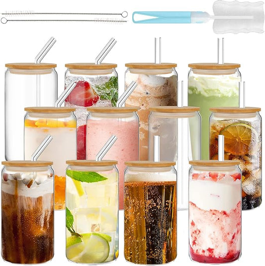 Drinking Glasses with Bamboo Lids and Straw-12pack 16oz16oz Glass Cups with Lids and Straws,Iced Coffee Glasses,Cute Glass Tumblers for Soda,Coffee,Gifts