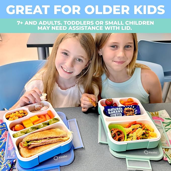 kinsho Bento Lunch-Box for Adults Kids Lunches, Portion Control Container Boxes for Women Girls Boys | Leak-proof Snack Containers, BPA-Free Utensils5 Compartments | Blue & Green 2 pack Set
