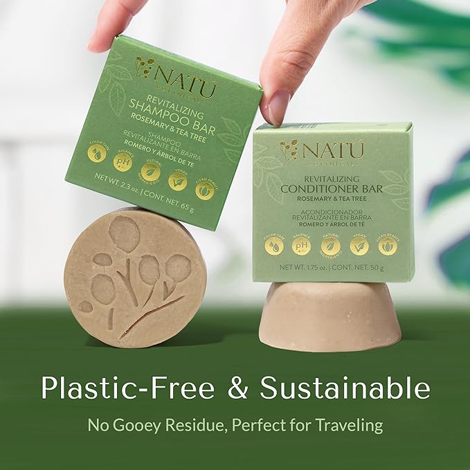NATÚ BOTANICALS Revitalizing Shampoo Bar – Tea Tree Shampoo with Mint and Rosemary Oil for Hair Growth - Gently Cleanses & Promotes Healthy Hair – Eco-Conscious, Zero-Waste, Sulfate-Paraben-Free 2.3oz