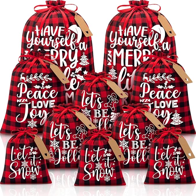 10 PCS Christmas Drawstring Gift Bags with Tags, Buffalo Plaid Xmas Gift Bags Assorted Sizes Bulk, Cotton Fabric Holiday Gift Bag Large Medium Small Wrapping Bag for Xmas Presents Decor Party Favors