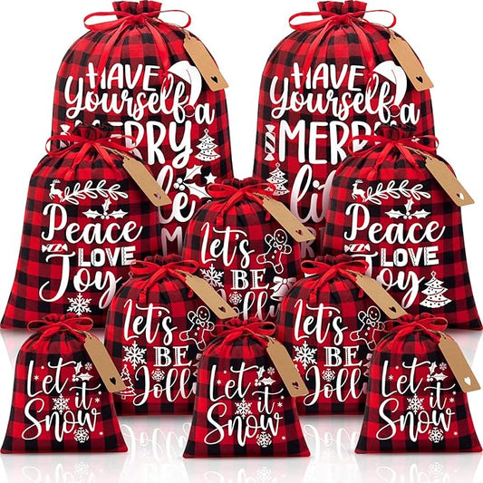 10 PCS Christmas Drawstring Gift Bags with Tags, Buffalo Plaid Xmas Gift Bags Assorted Sizes Bulk, Cotton Fabric Holiday Gift Bag Large Medium Small Wrapping Bag for Xmas Presents Decor Party Favors