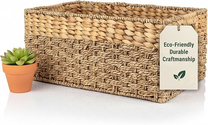 Medium Wicker Basket for Storage, Natural, Seagrass and Hyacinth Woven Baskets for Décor with Built-In Handles, Rectangular, Shelf Organizing for Bedroom, Pantry - Medium Size - 15.5x9.5x6.5 in