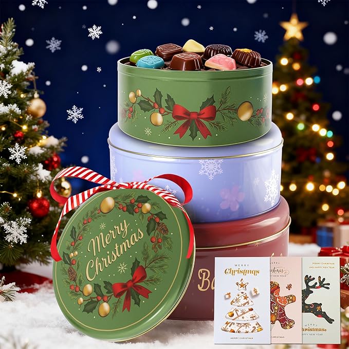 Christmas Cookie Tins with Lids, Set of 3 Larger Holiday Containers for Homemade Cookies, Gifts, Treats, Reusable Round Metal Storage Boxes with 3 Premium Greeting Cards & 16.5ft Ribbon