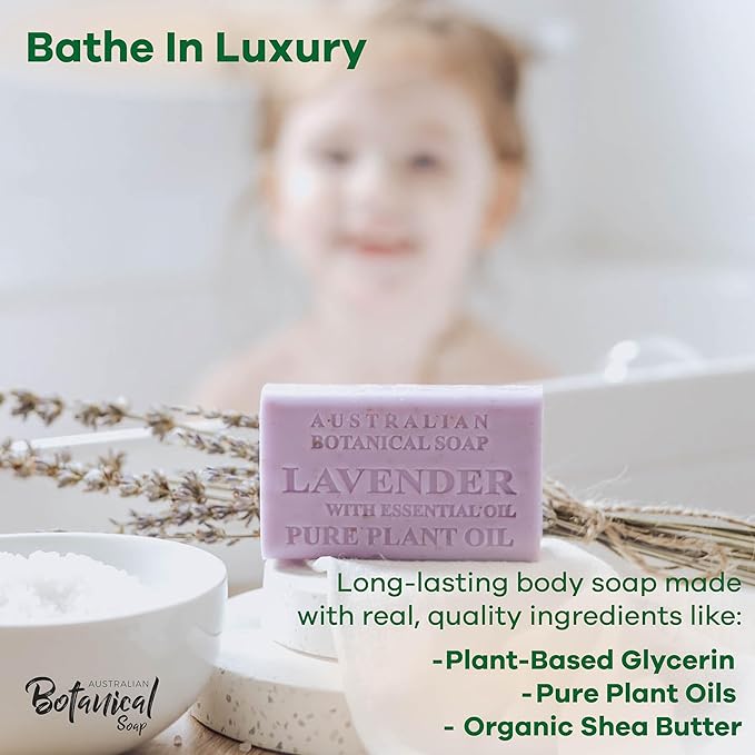 Australian Botanical Soap Lavender with Essential Oil 6.6 oz Triple Milled Luxury Soap Bar Enriched with Shea Butter, Pack of 1