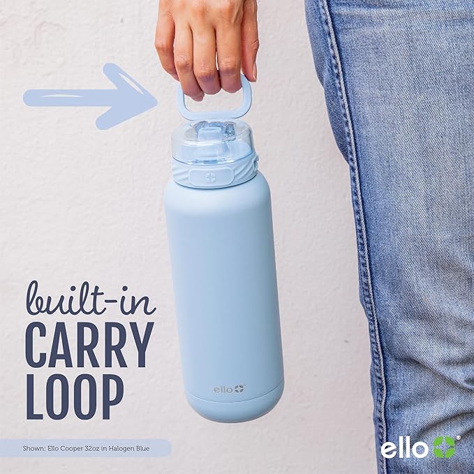 Ello Cooper 40oz Stainless Steel Water Bottle with Straw and Carry Handle, Double Walled and Vacuum Insulated Metal, Leak Proof Locking Lid with Soft Silicone Spout, Reusable, BPA Free, Sage