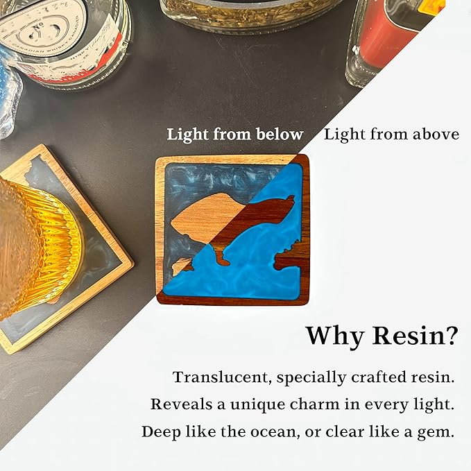 4Pcs Drink Coaster Set with Napkin Holder Conversion Base Acacia Wood with Unique Resin Island Design for Kinds of Cups Tabletop Protection and Decor for Coffee Table Ideas for Gifts