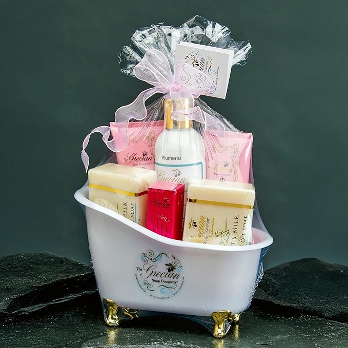 The Grecian Soap Company Deluxe Bathtub Gift Set – 6pcs Goat Milk & Olive Oil Skin Care Set, Spa Gifts, Bridal Shower Gifts Gifts for Mom, Birthday Gifts, Plumeria Scent, Handmade in the USA