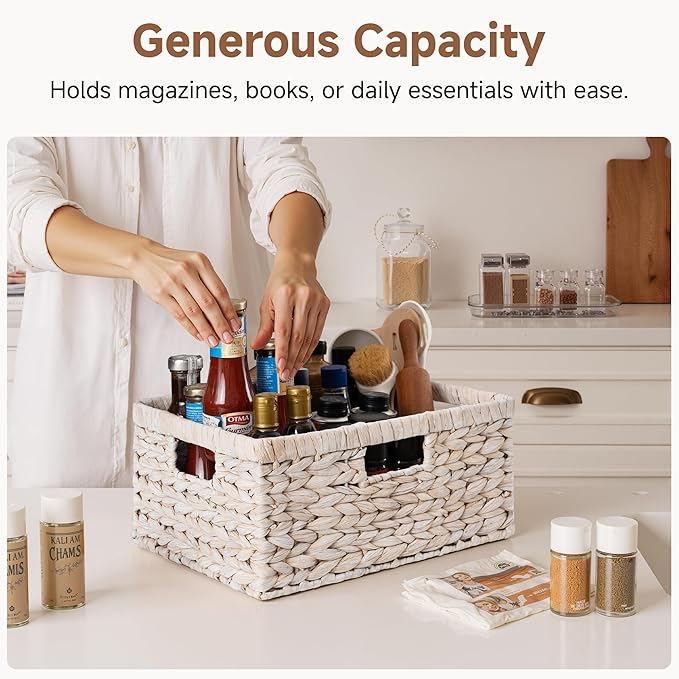 StorageWorks Pantry Baskets, Wicker Storage Baskets for Organizing, Shelves, Pantry Organizers and Storage, Water Hyacinth, White