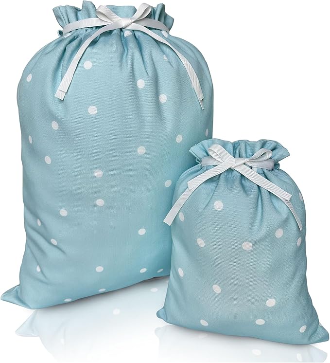 Gather & Knot Drawstring Gift Bags | 20" Large 12" Small | Premium Canvas | Reusable Fabric Wrap for Baby Shower, Birthdays, Hannukkah, Christmas | Blue Dots