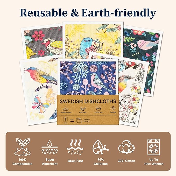 Swedish Dishcloths for Kitchen, 6 Pack Reusable Paper Towels Washable, Super Absorbent Kitchen Towels, Odorless, Biodegradable and Quick-Drying Dish Cloths, Flower and Bird Pattern