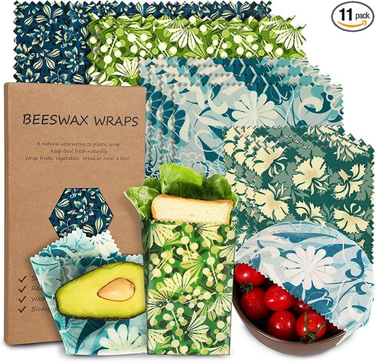 Reusable Beeswax Wrap, 11 Pack Eco-Friendly Beeswax Wraps For Food, Organic, Sustainable, Biodegradable, Zero Waste, Plastic-Free Food Storage (Flowers and Leaves)