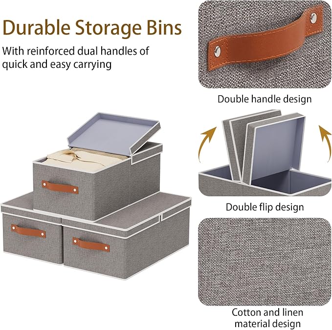 5-Pack Storage Boxes, Foldable Blanket Basket with Detachable Lid, Linen Closet 0rganizers with Double Handles, Collapsible Cubes for Organizing, Grey, 16.1 x 9.8 x 6.5 inch
