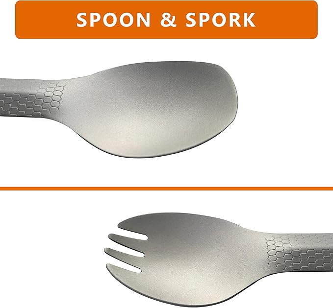 3 in1 Titanium Ultralight Cutlery Set, Long Handle Spoon and Spork, Camping tong, Travel Utensils with Bag (16CM)