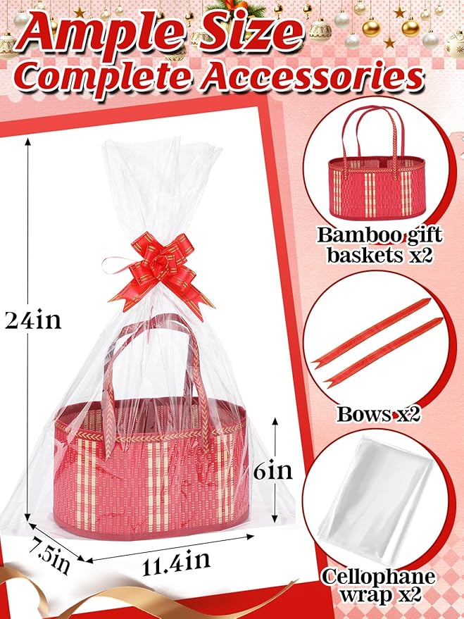 MADHOLLY 2Set Large Bamboo Christmas Baskets for Gifts Empty - 6"x7.5"x11.4" Sturdy Easy to Setup Gift Basket with 2 Clear Bags and Bows, for Thanksgiving, Housewarming Party Gift Wrapping