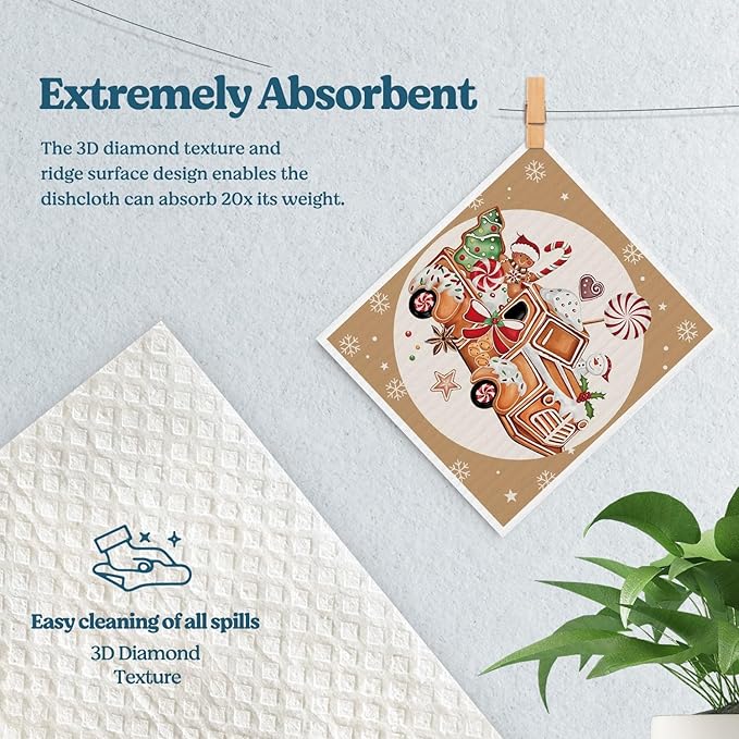 Swedish Dishcloths for Kitchen, Christmas Xmas Gingerbread Winter Kitchen Dish Towels for Washing Dishes, 4 Pack Reusable Paper Towels, Sponge Cloths for Holiday Home Cleaning Baking Cooking