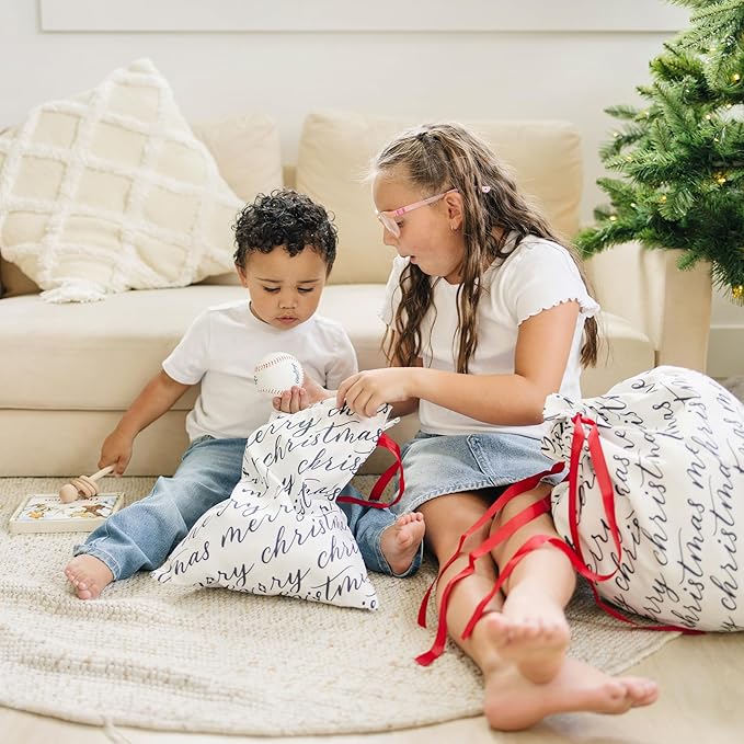Gather & Knot Drawstring Christmas Gift Bags | 20" Large 16" Medium | Premium Canvas | Reusable Fabric Wrap for Holidays | Mix & Match | White Merry Christmas